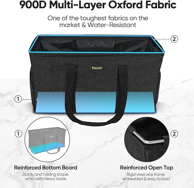 BALEINE Extra Large Utility Tote Bag with Reinforced Wire Frame, Reusable Grocery Bag for Shopping, Picnic (Black, 22''x12''x10'')