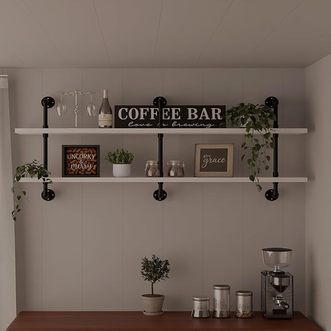 Industrial Pipe Shelving Rustic White Pipe Wall Shelves Industrial Shelves with Wood Planks Floating Shelves 60 Inch Farmhous
