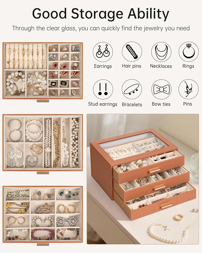 AKOZLIN Jewelry Box with Clear Lid Functional Leather Jewelry Storage Organizer Case 3 Drawers for Women Girls Necklace Ring 