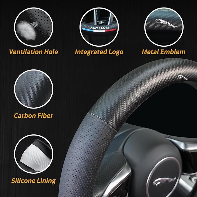Carbon Fiber Leather Steering Wheel Cover Compatible with Jaguar F-PACE E-PACE XF XE XJ F-Type I-PACE, 14.5"-15" Universal Non-Slip Breathable PU Leather Jaguar Interior Accessories