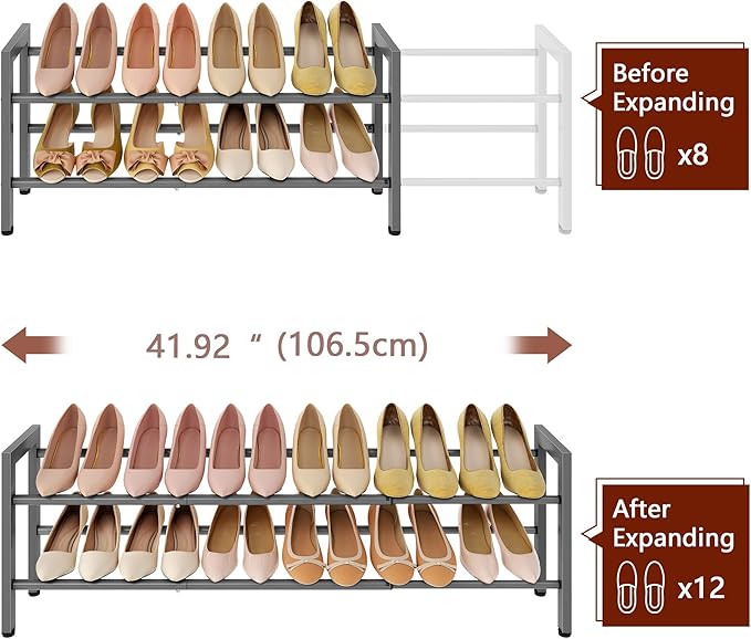 FAVOOSTY 2-Tier Expandable Shoe Rack, Adjustable Shoe Shelf Storage Organizer Space Saving Metal Free Standing Shoe Rack for 