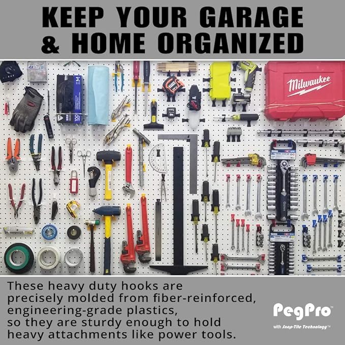 PegPro® J Hooks Kit for Standard “Wood Fiber” pegboard – Durable Plastic Pegboard Hooks - for Garage, Kitchen, Craft Room, an
