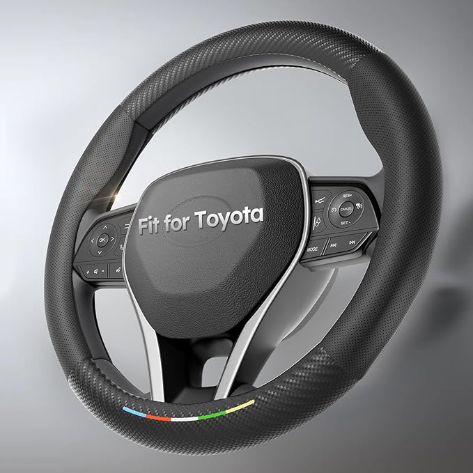 Wigoo Car Steering Wheel Cover Compatible with Toyota [Ergonomic Design, Ultra Breathable] Black Leather Wheel Cover for Better Control, Car Accessory for Women and Men, 14.5''-15''