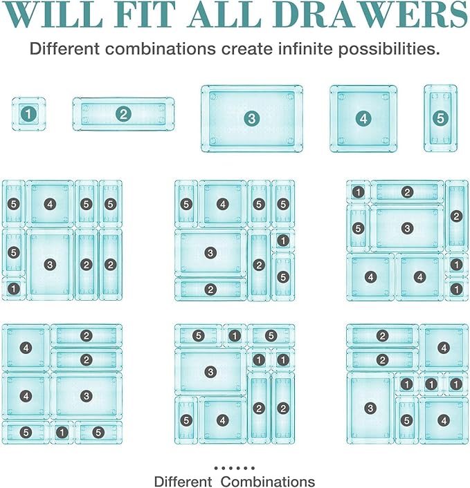StorMiracle 25 PCS Drawer Organizer Set, 4 Varied Size Bathroom and kitchen Drawer cabinet organizer Trays, Clear Storage Bin