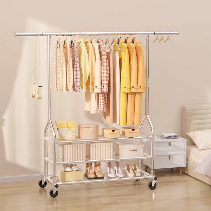 EAGMAK Heavy Duty Clothes Rack Load 688 LBS, Rolling Clothing Rack With 3 Shelves, Adjustable Metal Clothes Hanger with Wheel