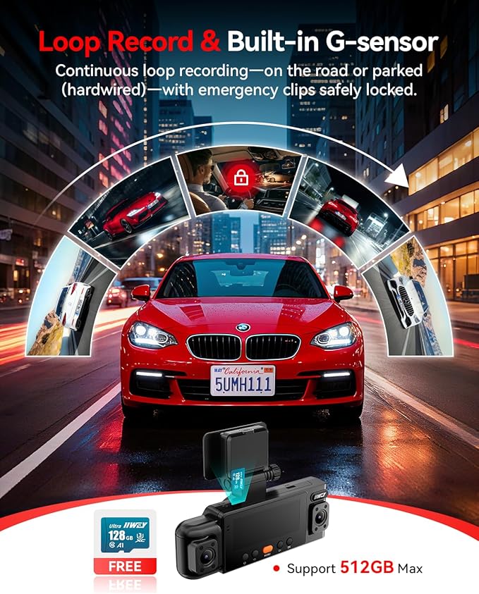 IIWEY N6 360° Dash Cam 4 Channel, 5.8G WiFi-6 (up to 20MB/s) with App, Free 128GB Card, FHD Front & Rear Inside Dash Cam for 