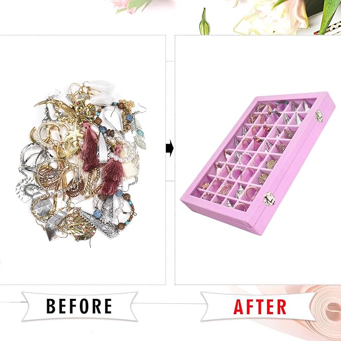 Siveit Velvet Jewelry Tray 48 Grid Jewelry Display Tray Organizer Box with Transparent Lid Rings Earrings Necklaces Pendants 