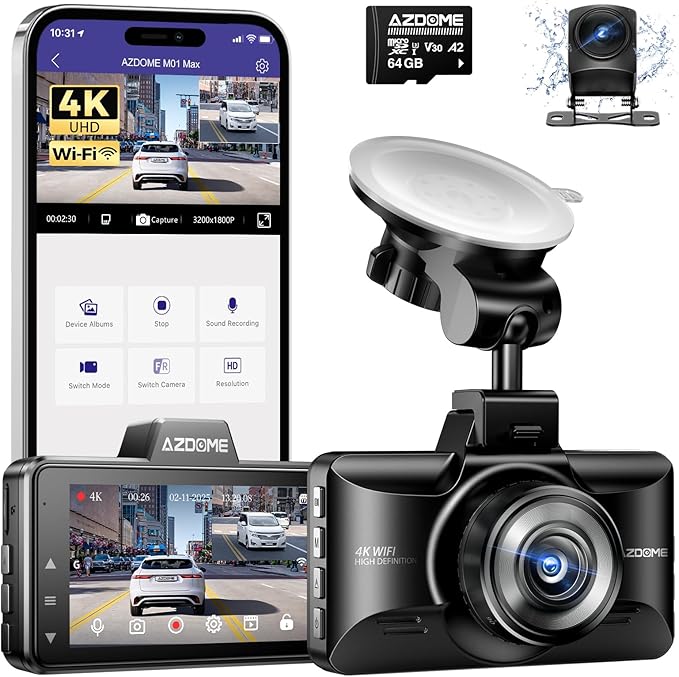 AZDOME M01 Max UHD 4K Dash Cam Front and Rear, Built-in Wi-Fi, Free 64GB Card, App Control, 4K+1080 Dash Camera for Car, Buil