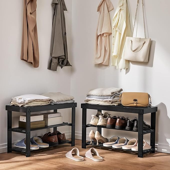 Pipishell Bamboo Shoe Rack Bench, 3 Tier Sturdy Shoe Organizer, Storage Shoe Shelf, Holds up to 300lbs for Entryway Bedroom L