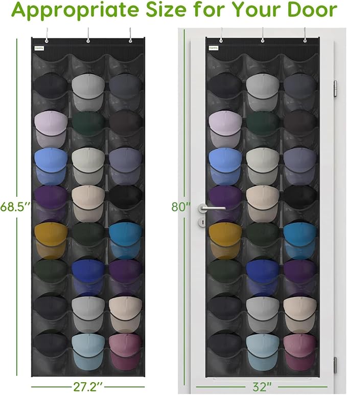 Unjumbly Baseball Hat Rack, 27 Pocket Over-The-Door Hat Organizer with Clear Deep Pockets to Display Baseball Caps Collection