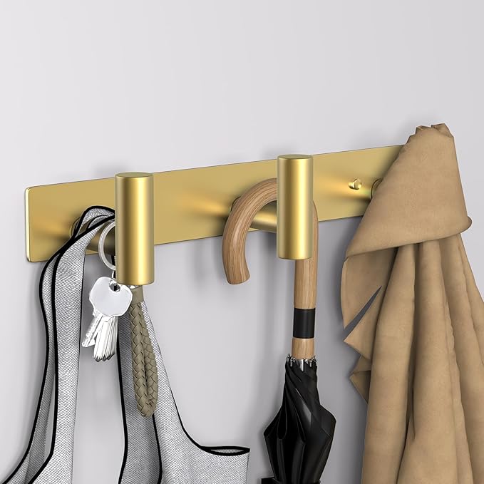 VAEHOLD Hat and Coat Wall Mount Rack - Hooks for Robes, Bags, Keys, and Towels - Bathroom Towel Hanger Organizer (Gold, “T“ S