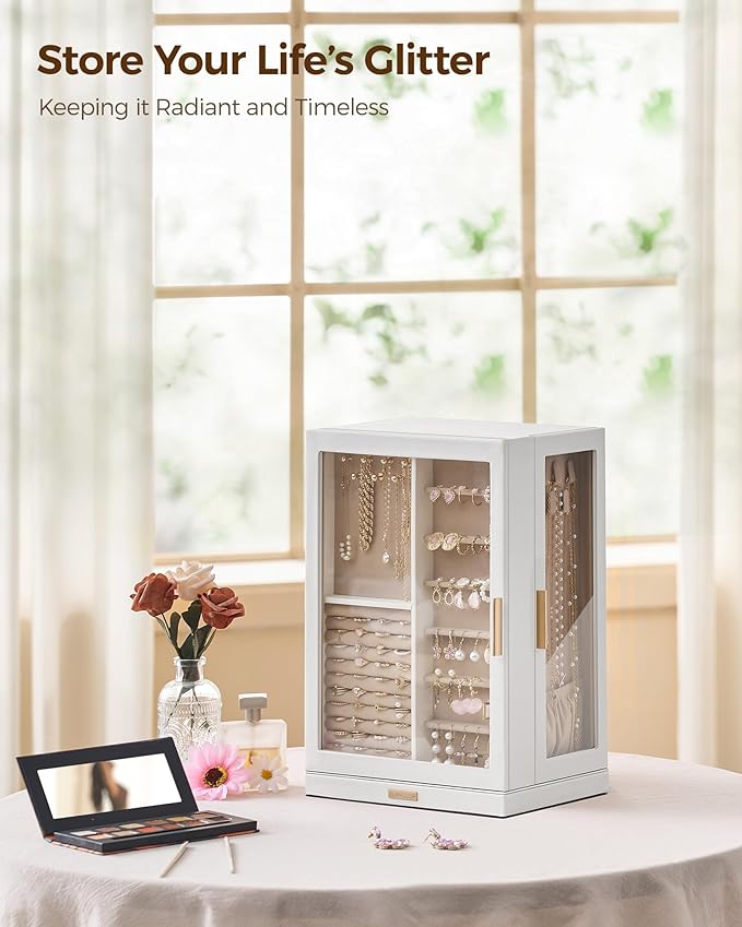 Glimmloop 360° Rotating Jewelry Box with 9 Drawers, Spacious Vertical Jewelry Organizer with Glass Window, Jewelry Storage Ca