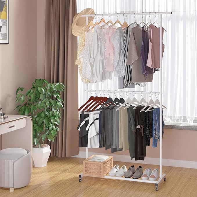 Sywhitta Double Rod Clothing Garment Rack, Rolling Clothes Organizer on Wheels for Hanging Clothes, Easy to Assemble, Adjusta