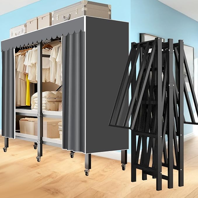 Garment Rack with Cover, Heavy Duty Portable Wardrobe Closet 2000LB, Foldable Clothe Rack with Wheel, Clothes Rack for Hangin