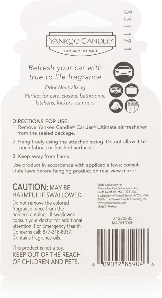 Yankee Candle Car Jar Ultimate Hanging Air Freshener, Macintosh Scent, Neutralizes Odors, Up to 30 Days
