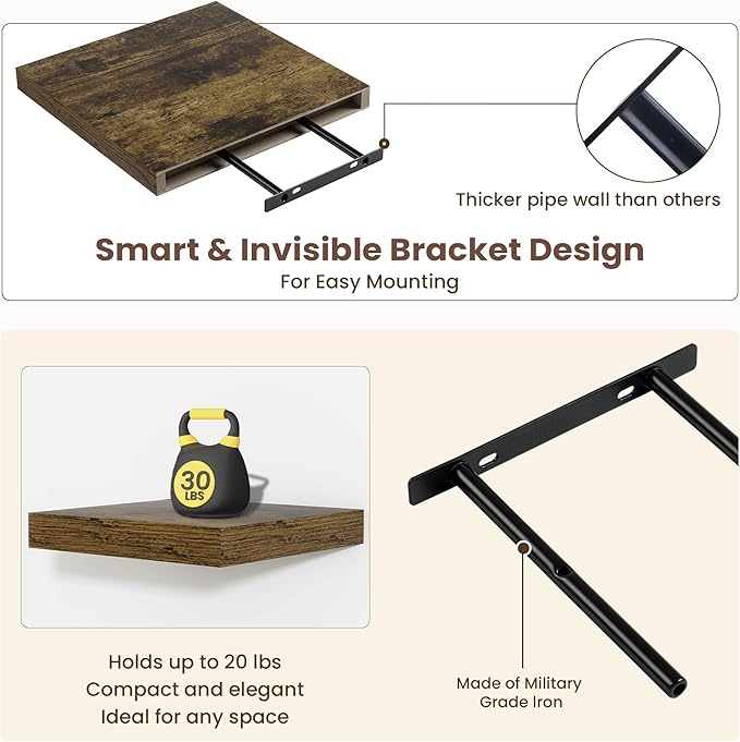 Fun Memories Square Floating Shelves for Wall - 12 Inch Deep Floating Shelves with Invisible Brackets, Brown Small Wall Shelf