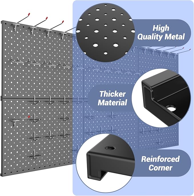 WALMANN 6-Pack 12"x16" Metal Pegboard Panels for Garage, Tool Organizer Pegboards for Pegboard Hooks - Compatible with 1/8" &