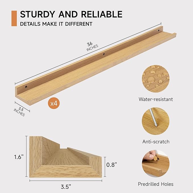Fun Memories Picture Ledge Shelf for Wall, Floating Shelves Set of 4, 36 Inch Long Nursery Book Shelves for Toys Storage, Kid