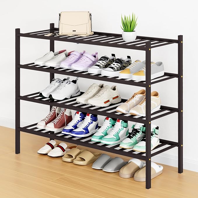 Smiry Shoe Rack, 4 Tier Long Bamboo Shoe Organizer, Stackable Free Standing Wooden Shoe Storage Shelf for Closet, Entryway, F