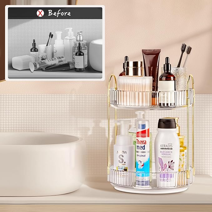 360 Rotating Makeup Organizer - Large Capacity Spinning Perfume & Cosmetic Skincare Holder for Countertop (Pearl White, 2 Tie
