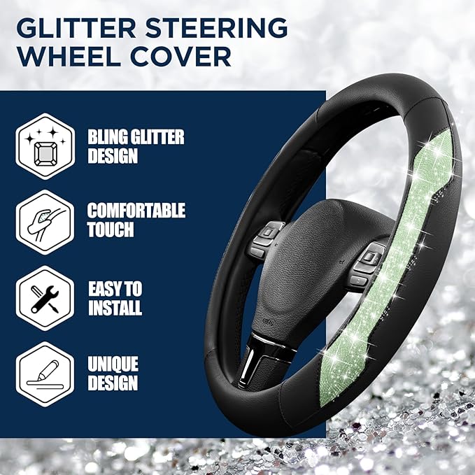 PIC AUTO Steering Wheel Cover, Green Sparkly Crystal Bling Glitter with Leather, Universal Fit 14.5"-15.5" Car Steering Wheel