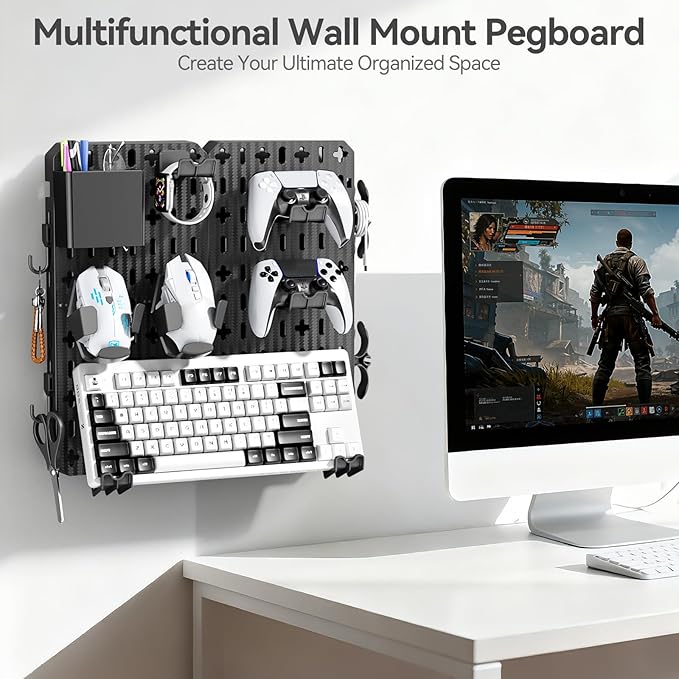 KDD Keyboard and Mouse Display Stand Holder, Wall Mount Office Organization Pegboard Combination Kit with Pen holder, Hooks, 