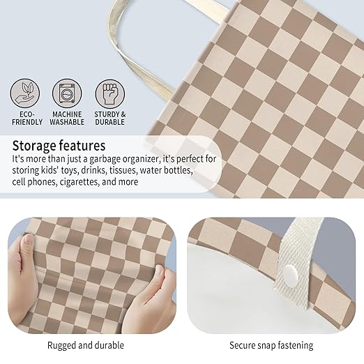 Car Trash Can, Hanging Garbage Bin for Men and Women, Cute Car Organizer and Storage Bag, Canvas Vehicle Trash Can Bag Easy-to-Install Cute Checkboard