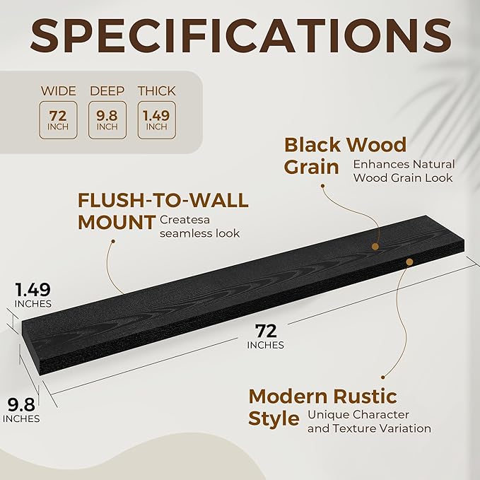 Dreamland 72 Inches Floating Shelves for Wall, 9.8" Deep Long Floating Shelves Set of 1, Large Display & Storage Shelf, Wall 