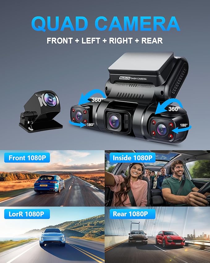 PRUVEEO 360° 4 Channel Dash Cam Front and Rear Inside Left Right, Dash Camera for Cars, Built-in GPS WiFi Night Vision, 24/7 