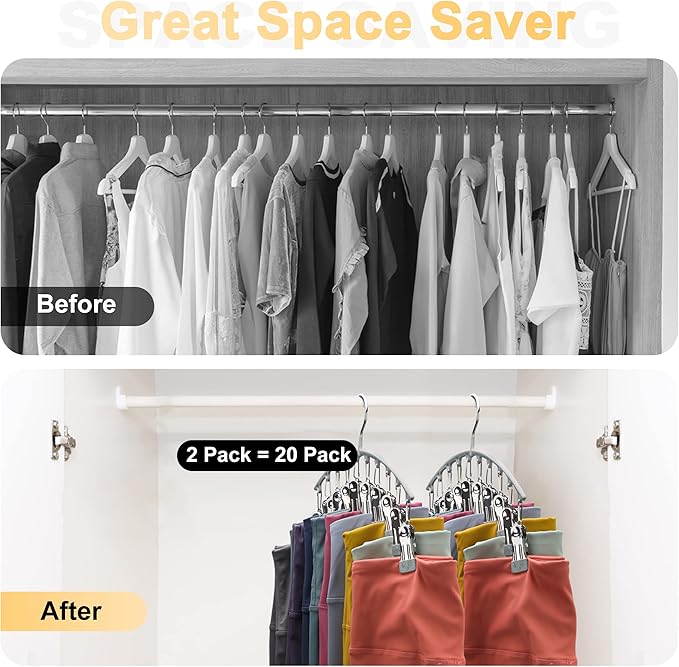 Volnamal Legging Organizer for Closet, Metal Yoga Pants Hanger w/Rubber Coated 2 Pack w/10 Clips Hold 20 Leggings, Hangers Sp