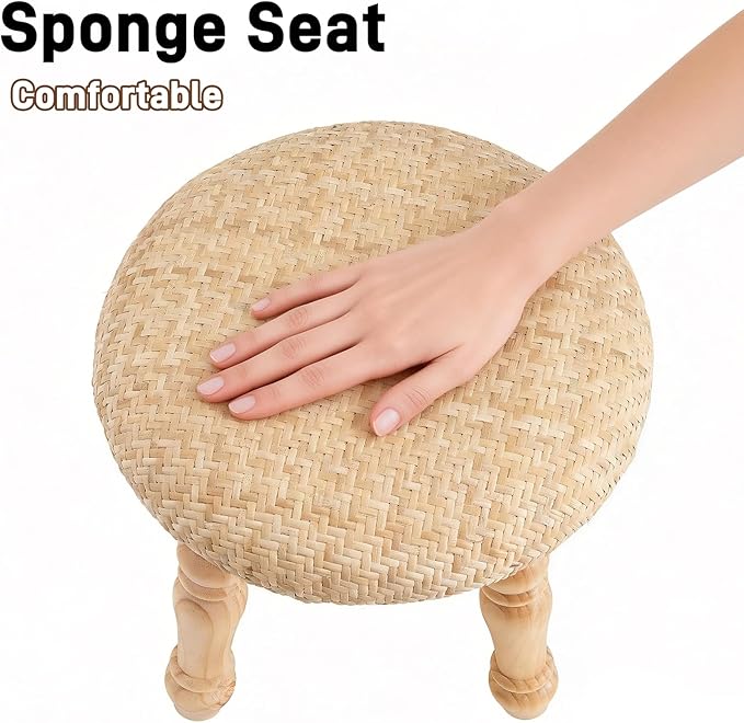Solid Wood Wall Shelf 3-Tier,Round Foot Stool,Small Pouf Ottoman with Natural Rattan, Boho Footrest Wooden Stool for Couch,Ru