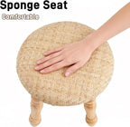 Solid Wood Wall Shelf 3-Tier,Round Foot Stool,Small Pouf Ottoman with Natural Rattan, Boho Footrest Wooden Stool for Couch,Ru