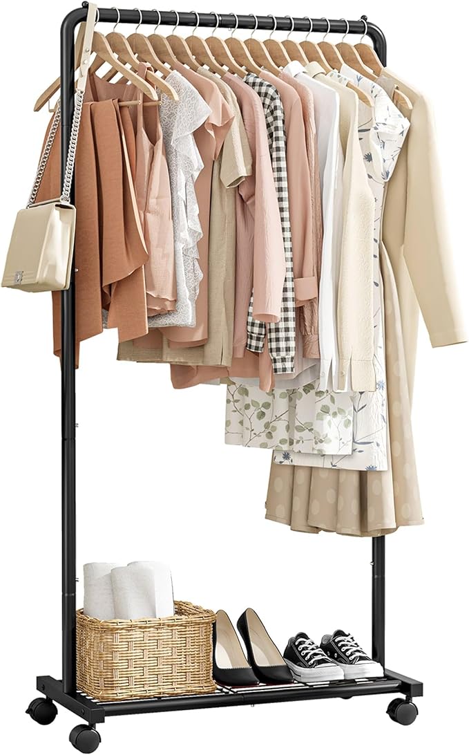 Sakugi Clothes Rack - Clothing Rack with Storage Mesh Shelf & Casters, Heavy-Duty Metal Clothing Rack for Hanging Clothes, Dr