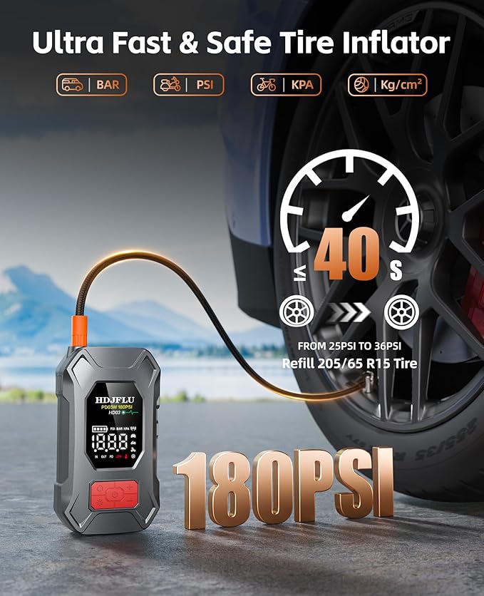 7500A Jump Starter with 180PSI Air Compressor, 24000mAh Car Battery Jump Starter(All Gas/10.0L Diesel), 65W Fast Charge,