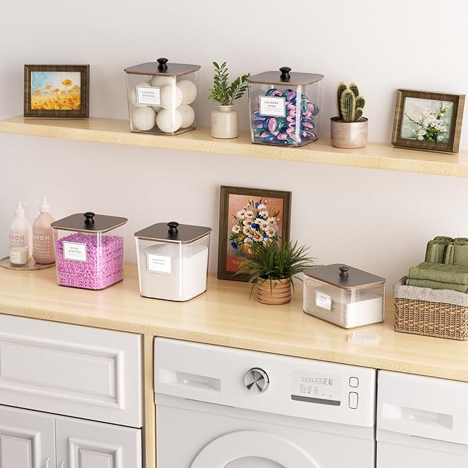 Laundry Pods Storage Container, Clear Laundry Room Organization and Storage,Detergent Powder Container,with Wooden Lids & Lab