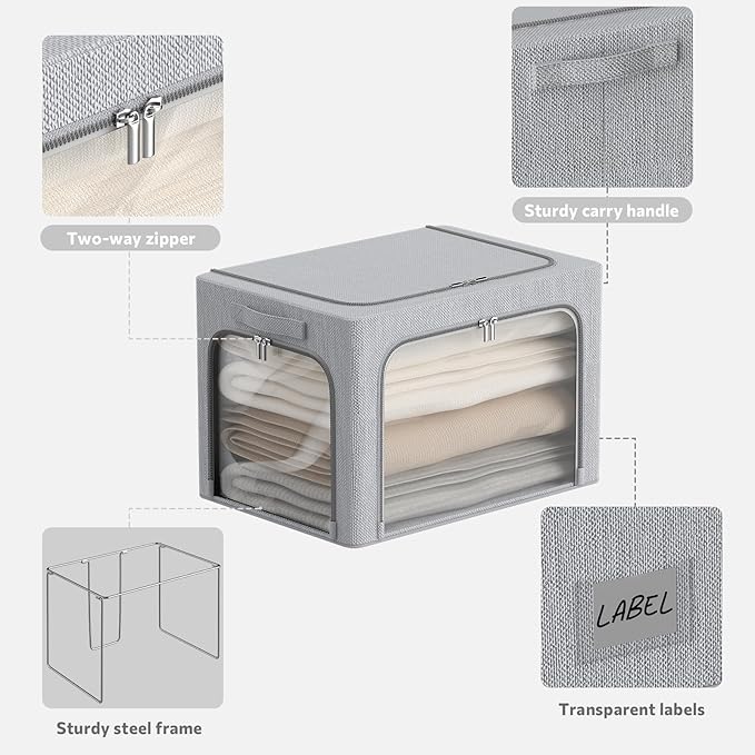 3 Openings Clothes Storage Bins Box - 3Pack Stackable Foldable Storage Bin - Metal Frame Storage Box Clothing Storage Organiz
