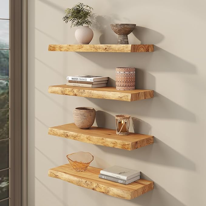 fuqing Live Edge Floating Shelves for Wall 24 inch, 8 Inch Deep Solid Elm Wood Floating Wall Shelves - Rustic Wooden Shelves 