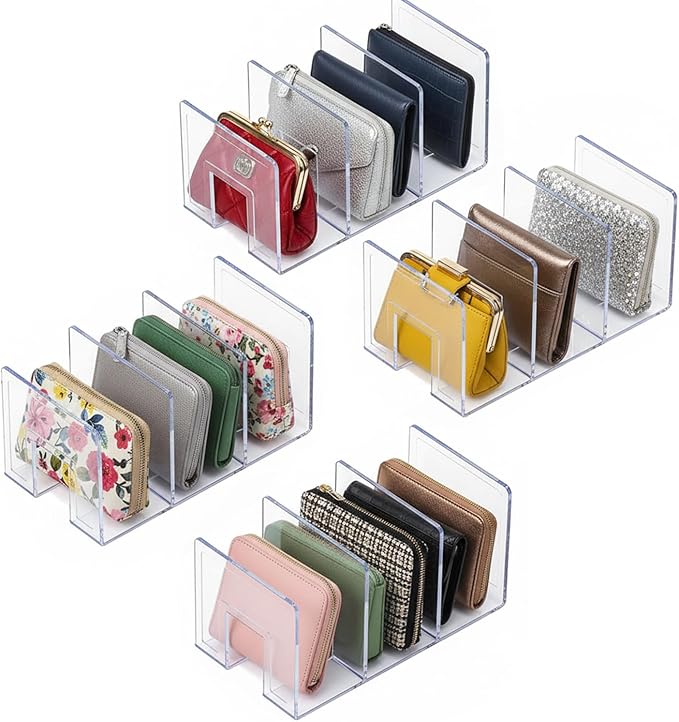 YAGELI Clear Acrylic Purse Organizer for Closet, 3-4 Section Desk File Sorter, 2.95" Wide Slots for Clutches, Handbags, Binde