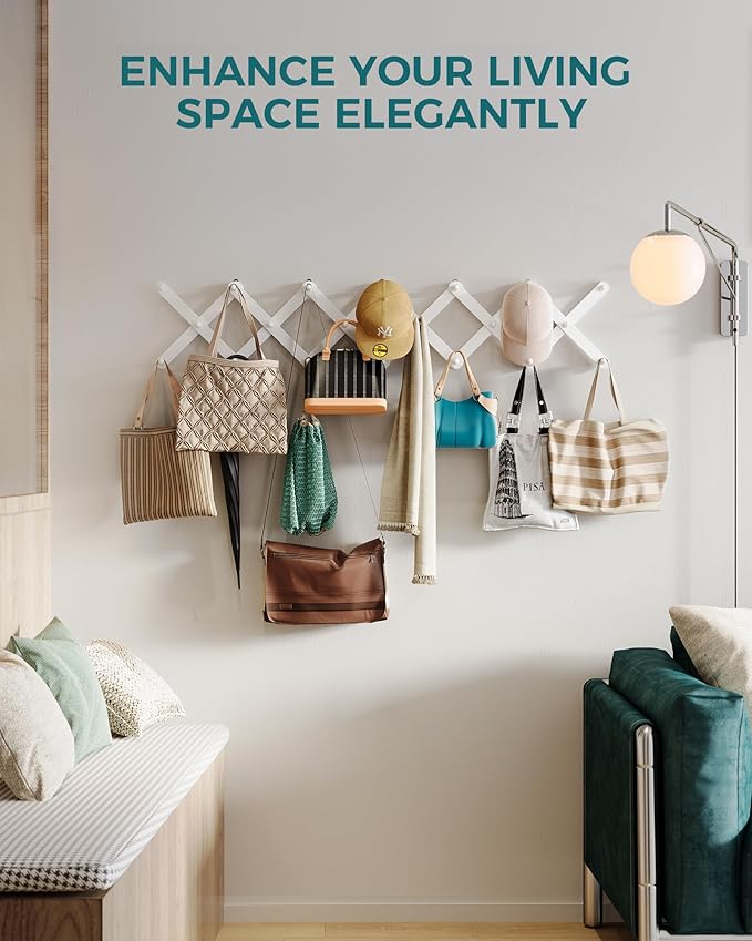 OROPY Wood Accordion Wall Hanger, Expandable Coat Rack Wall Mount with 20 Pegs, Expanding Hat Rack for Wall White