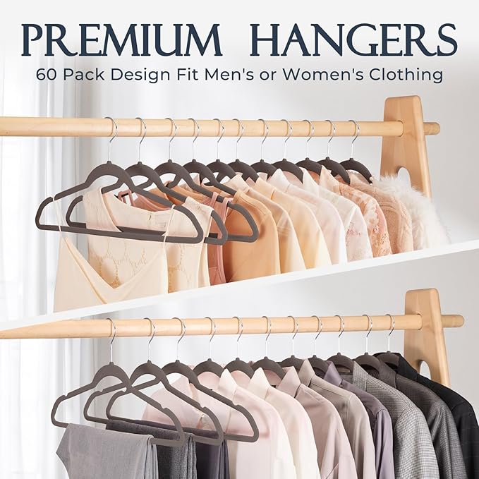 HOUSE DAY Taupe Velvet Hangers 60 Pack, Non Slip Clothes Felt Hanger Heavy Duty for Coat, Premium Slim Space Saving Suit Hang