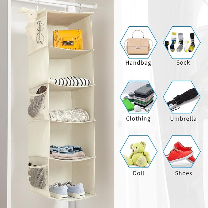 BrilliantJo 5 Shelves Hanging Closet Organizer, 2 Pack Hanging Storage with 6 Side Pockets for Clothes Shoes, 43"x12"x12"(Bei