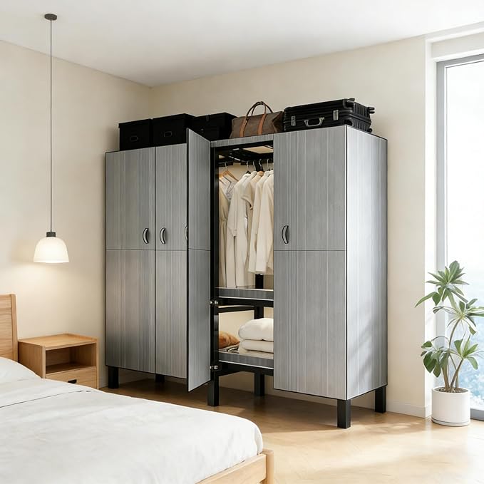 Freestanding Heavy Duty Wardrobe Closet with Magnetic Door, Portable Metal Closets, Foldable Wardrobecloset Organizers and St