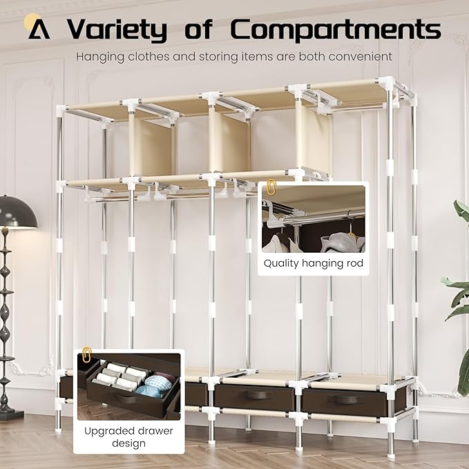 Portable Wardrobe with 4 Drawers, 4 Hanging Rods - 67" Tall Sweater Organizer, Sturdy Easy Temporary Bedroom Wardrobe Organiz