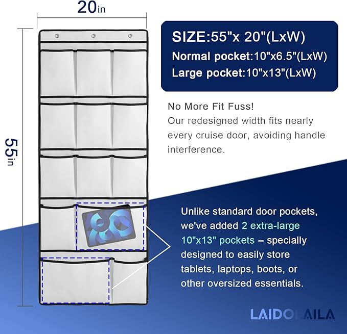 Magnetic Cruise Door Organizer – 13-Pocket Hanging Storage with 2 Large Shoe Pockets, No Hook Needed, Includes 3 Bonus Hooks,