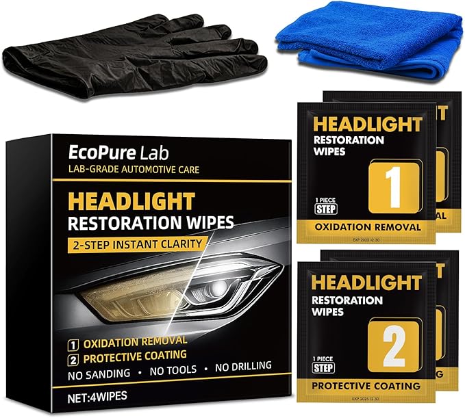 2-Step Headlight Restoration Wipes–No Sanding Car Headlight Restoration Kit with Oxidation Remover&Ceramic Coating,UV Protect