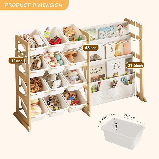 EXPERLAM Toy Storage Organizer with Bookshelf - 12 Storage Bins 4-Tier Multipurpose Shelf to Organize Toys and Books for Kids