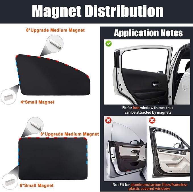 XCBYT Magnetic Car Window Shades 4 Pack - Blackout Side Window Sun Shade for Privacy & Car Camping, 99% UV Blocking Car Window Covers for Side Windows, Heat Protection Travel Shades for SUV Sedan