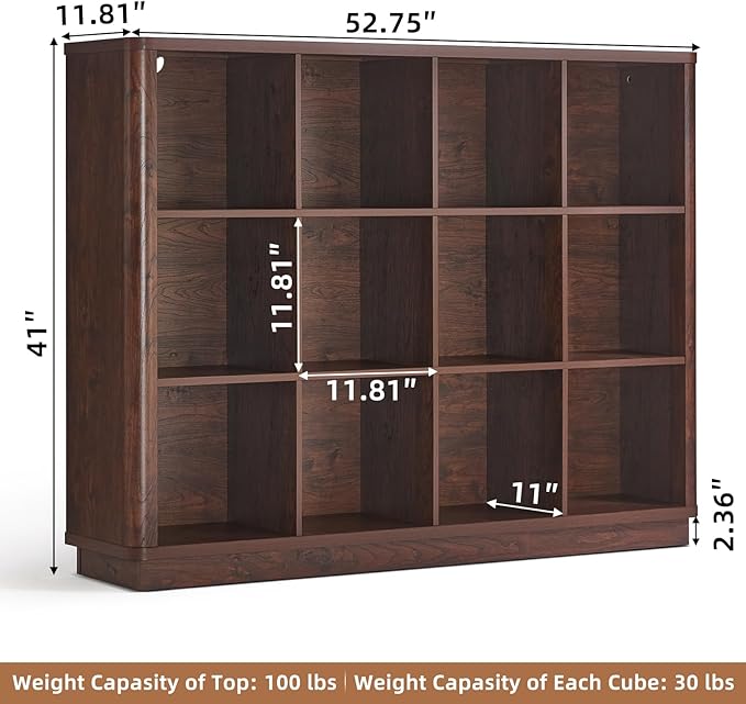 Joaxswe 12 Cube Storage Organizer, 41" Large Bookshelf with Curved Edge, Wood Floor Standing 3-Tier Cubby Bookcase w/Base, Vi
