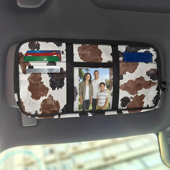 Cow Car Visor Organizer Scratch-Resistant Sunvisor Organizers Auto Interior Car Accessories with Zipper Visor Storage Pouch Fits Most Vehicles, SUVs, Trucks Keep Tidy