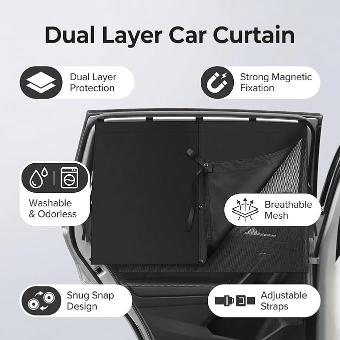 2Pack Car Side Window Curtain Sun Shade,Car Window Shade,Double Layer Sun Shade with Strong Magnets,Universal Sunshade for Cars SUV Trucks(Black-mesh,2PC)